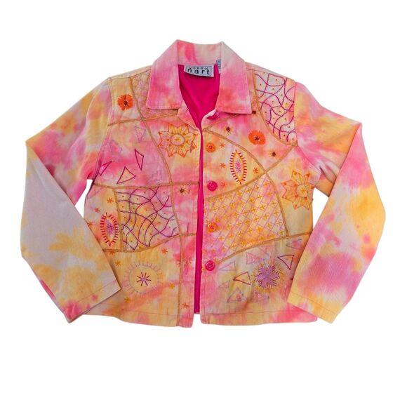 KEREN hart Jackets & Blazers - Keren Hart Denim Jacket Size S Pink Yellow Tie Dye Abstract Art Colorful Casual